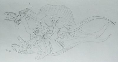 Theropod Threeway
art by goliathbirdeater
Keywords: dinosaur;theropod;spinosaurus;carcharodontosaurus;deltadromeus;male;female;feral;M/F;threeway;double_penetration;penis;cowgirl;from_behind;cloacal_penetration;goliathbirdeater