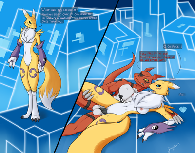 Cyber Slut
art by gravyfox
Keywords: anime;digimon;dragon;furry;canine;fox;guilmon;renamon;male;female;anthro;breasts;M/F;penis;spoons;vaginal_penetration;gravyfox