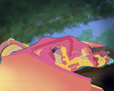 Pineapple Jam (Wings_of_Fire)
art by gray-scales
Keywords: wings_of_fire;rainwing;jambu;pineapple;dragon;male;feral;M/M;penis;missionary;suggestive;gray-scales