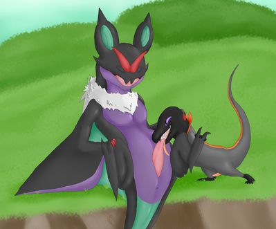 Salandit and Noivern
art by graycrow
Keywords: anime;pokemon;dragon;lizard;salandit;noivern;male;anthro;M/M;penis;oral;spooge;graycrow