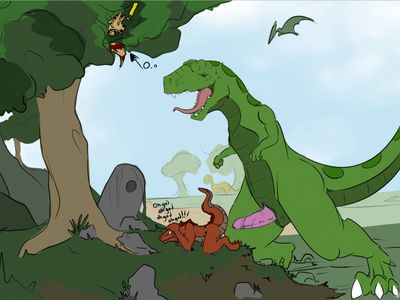 A Bad Idea
art by grizzledcroc
Keywords: dinosaur;theropod;tyrannosaurus_rex;trex;dragon;male;feral;anthro;M/M;penis;from_behind;macro;suggestive;humor;grizzledcroc