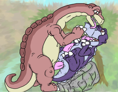 Chomper and Littlefoot
art by guil_bunny
Keywords: cartoon;land_before_time;lbt;dinosaur;theropod;tyrannosaurus_rex;trex;sauropod;apatosaurus;chomper;littlefoot;male;anthro;M/M;penis;missionary;anal;humor;guil_bunny