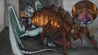 Nursing the Spewer (Helldivers)
art by gummi_art
Keywords: videogame;helldivers;insect;spewer;dragon;male;female;feral;M/F;penis;from_behind;cloacal_penetration;closeup;gummi_art