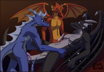 Dragon Threesome 1
art by rithnok
Keywords: dragon;dragoness;male;female;herm;anthro;breasts;M/F;penis;hemipenis;threeway;suggestive;rithnok