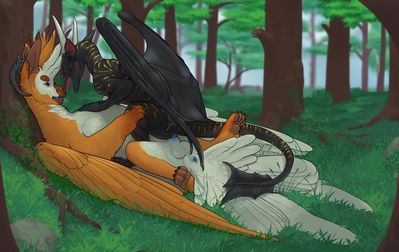 In The Woods
art by haan
Keywords: dragon;dragoness;furry;hybrid;male;female;feral;M/F;penis;cowgirl;vaginal_penetration;haan