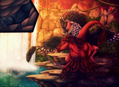 Daerevmiir and Scarab Mating
art by halopromise
Keywords: dinosaur;theropod;raptor;utahraptor;velociraptor;male;feral;M/M;penis;from_behind;anal;internal;spooge;halopromise