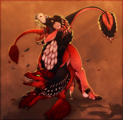 Daerevmiir Having Sex
art by halopromise
Keywords: dinosaur;theropod;raptor;utahraptor;velociraptor;male;feral;M/M;penis;from_behind;anal;spooge;halopromise