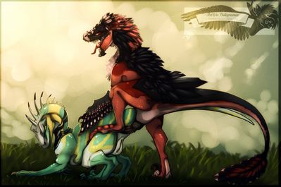 Side Quest
art by halopromise
Keywords: dinosaur;theropod;raptor;deinonychus;male;female;feral;M/F;penis;cloaca;from_behind;suggestive;halopromise