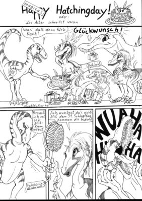 Happy Hatchingday 1
art by scrabbleclaw
Keywords: comic;dinosaur;theropod;raptor;utahraptor;velociraptor;deinonychus;spinosaurus;male;female;feral;humor;non-adult;scrabbleclaw