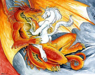 Dragon and Unicorn Having Sex
art by hbruton
Keywords: dragon;furry;equine;unicorn;male;female;anthro;breasts;M/F;penis;cowgirl;vaginal_penetration;spooge;hbruton