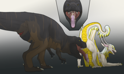 Dino Treat
art by herpydragon
Keywords: dinosaur;theropod;tyrannosaurus_rex;trex;dragon;male;female;feral;penis;cloaca;oral;presenting;spooge;herpydragon