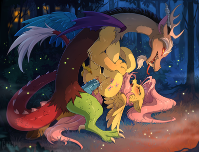 Discord x Flutters
art by hioshiru
Keywords: cartoon;my_little_pony;mlp;furry;equine;horse;dragon;chimera;male;female;fluttershy;discord;anthro;M/F;penis;missionary;vaginal_penetration;spooge;hioshiru