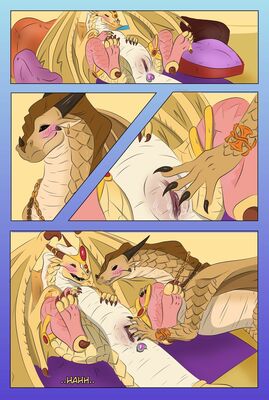 Blaze and Thorn, page 2 (Wings_of_Fire)
art by hirothedragon
Keywords: comic;wings_of_fire;sandwing;princess_blaze;thorn;dragoness;female;feral;lesbian;vagina;presenting;masturbation;closeup;spooge;hirothedragon