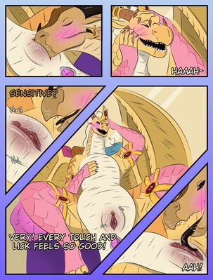 Blaze and Thorn, page 8 (Wings_of_Fire)
art by hirothedragon
Keywords: comic;wings_of_fire;sandwing;princess_blaze;thorn;dragoness;female;feral;lesbian;vagina;oral;closeup;vaginal_penetration;spooge;hirothedragon