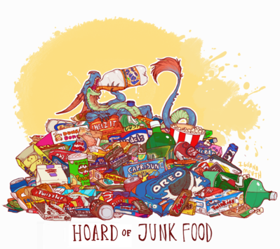 Hoard of Junk Food
art by iguanamouth
Keywords: dragon;feral;solo;hoard;non-adult;iguanamouth