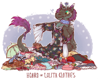 Hoard of Lolita Clothes
art by iguanamouth
Keywords: dragon;feral;solo;hoard;non-adult;iguanamouth