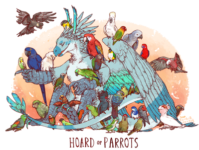Hoard of Parrots
art by iguanamouth
Keywords: dragon;avian;bird;parrot;feral;solo;hoard;non-adult;iguanamouth
