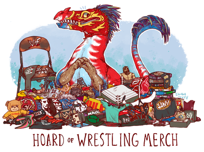 Hoard of Wrestling Merch
art by iguanamouth
Keywords: dragon;feral;solo;humor;hoard;iguanamouth