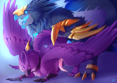 Anzu x Gryphon
art by hornedfreak
Keywords: videogame;world_of_warcraft;bird;avian;raven_god;anzu;gryphon;male;feral;M/M;penis;from_behind;anal;spooge;hornedfreak