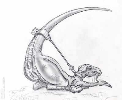 Dino Down
art by horsemage
Keywords: dinosaur;theropod;raptor;female;feral;solo;bondage;vagina;presenting;spooge;horsemage