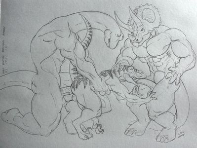 Raptor Spitroast
art by sudonym
Keywords: dinosaur;theropod;raptor;ceratopsid;triceratops;sauropod;apatosaurus;anthro;male;M/M;threeway;spitroast;from_behind;penis;anal;oral;sudonym