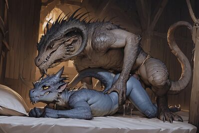 Lizardman and Kobold
art by hyperion
Keywords: dungeons_and_dragons;kobold;dragoness;lizardman;male;female;anthro;M/F;penis;from_behind;suggestive;spooge