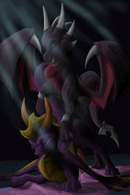 Pegging Spyro
art by hyruzon
Keywords: videogame;spyro_the_dragon;spyro;cynder;dragon;dragoness;male;female;feral;M/F;penis;dildo;strapon;from_behind;anal;spooge;hyruzon