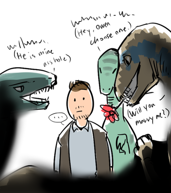 Owen With Raptors 1
art by hyunjinmi
Keywords: jurassic_world;tron;dinosaur;theropod;raptor;deinonychus;blue;charlie;echo;delta;female;feral;human;man;male;humor;non-adult;hyunjinmi