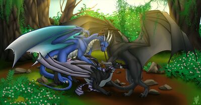 The Mating Call
art by icender
Keywords: dragon;dragoness;male;female;feral;M/F;bondage;threeway;spitroast;penis;from_behind;suggestive;spooge;icender