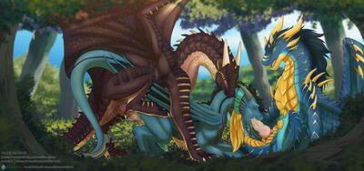 Forest Threesome
art by icy-marth
Keywords: dragon;dragoness;male;female;feral;M/F;threeway;spitroast;penis;from_behind;vaginal_penetration;oral;spooge;icy-marth