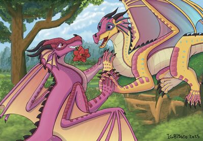 Jambu and Pineapple (Wings_of_Fire)
art by IGBigaro
Keywords: wings_of_fire;rainwing;jambu;pineapple;dragon;male;feral;M/M;romance;non-adult;IGBigaro