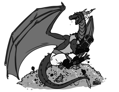 Nemmy Pirate
art by iggi
Keywords: dragon;male;feral;anthro;solo;hoard;non-adult;iggi