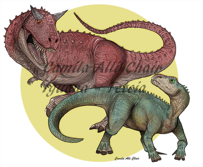 Carnotaurus and Iguanodon
art by iguana-teteia89
Keywords: dinosaur;disney_dinosaur;theropod;carnotaurus;hadrosaur;iguanodon;feral;non-adult;iguana-teteia89