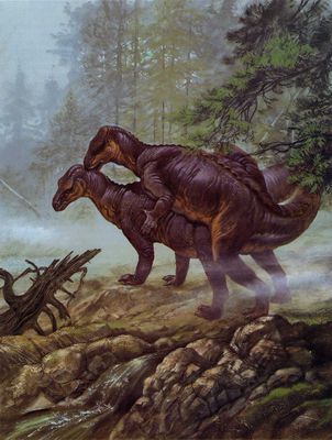 Iguanodons Mating
unknown artist
Keywords: dinosaur;hadrosaur;iguanodon;male;female;feral;M/F;from_behind