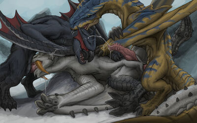 Monster Spitroast
art by ijoe
Keywords: videogame;monster_hunter;dragon;wyvern;barioth;nargacuga;tigrex;male;feral;M/M;threeway;spitroast;penis;missionary;anal;oral;orgasm;ejaculation;spooge;ijoe