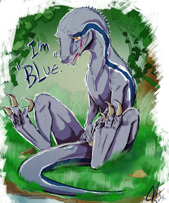 I'm Blue
art by jessicathehedgehog55
Keywords: jurassic_world;dinosaur;theropod;raptor;deinonychus;blue;female;feral;solo;non-adult;jessicathehedgehog55