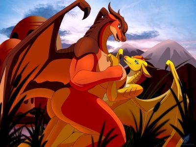 Female Clay and Sunny (Wings_of_Fire)
art by imaginespacedragons
Keywords: wings_of_fire;nightwing;sandwing;mudwing;hybrid;clay;sunny;dragon;dragoness;male;female;anthro;breasts;M/F;cowgirl;suggestive;imaginespacedragons