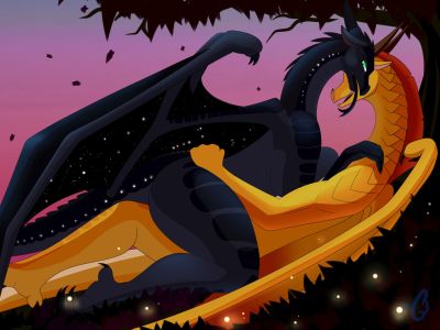 Starflight and Sunny (Wings_of_Fire)
art by imaginespacedragons
Keywords: wings_of_fire;nightwing;sandwing;hybrid;starflight;sunny;dragon;dragoness;male;female;feral;M/F;missionary;suggestive;imaginespacedragons