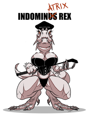 Indominatrix rex
art by jinksydawg 
Keywords: jurassic_world;dinosaur;theropod;indominus_rex;female;anthro;breasts;solo;bondage;humor;jinksydawg