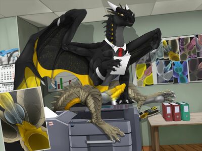 Office Printer (Wings_of_Fire)
art by ishiru
Keywords: wings_of_fire;nightwing;sandwing;hybrid;dragon;male;feral;solo;penis;closeup;suggestive;humor;ishiru