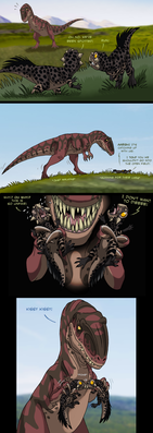 Lowest Tier
art by isismasshiro
Keywords: comic;videogame;dinosaur;theropod;giganotosaurus;psittacosaurus;feral;humor;non-adult;isismasshiro