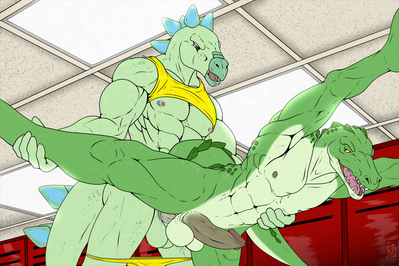 Gym Pals
art by iudicium86
Keywords: dinosaur;stegosaurus;crocodilian;crocodile;male;anthro;M/M;penis;from_behind;anal;iudicium86