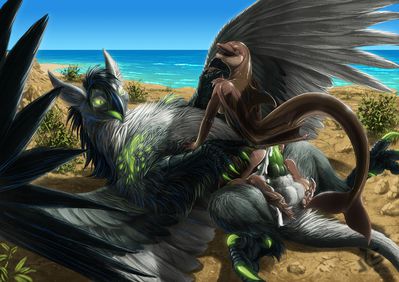 Cygnovum and Mick
art by jackrow
Keywords: gryphon;cetacean;dolphin;male;female;feral;anthro;breasts;M/F;penis;cowgirl;spooge;beach;jackrow