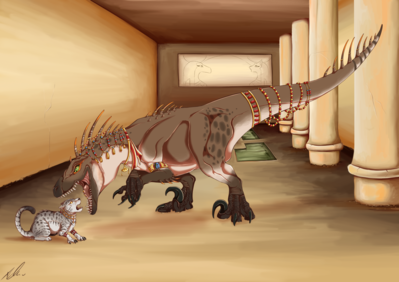 Pet Clash
art by jackythemoo
Keywords: dinosaur;theropod;raptor;furry;feline;cat;feral;non-adult;jackythemoo