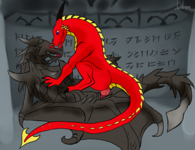 Alduin and Drakeo
art by jardenon
Keywords: videogame;skyrim;dragon;wyvern;alduin;male;feral;M/M;penis;cowgirl;anal;jardenon