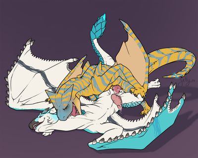 Tigrex Mating With Rathalos
art by jellybats
Keywords: videogame;monster_hunter;dragon;wyvern;rathalos;nargacuga;male;feral;M/M;penis;missionary;anal;spooge;jellybats