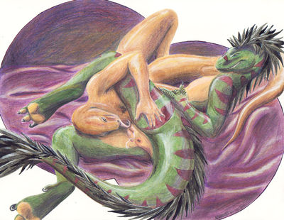jenny_and_raptie
art by novadragon
Keywords: dinosaur;theropod;raptor;lizard;monitor_lizard;komodo_dragon;female;anthro;breasts;lesbian;oral;spooge;novadragon