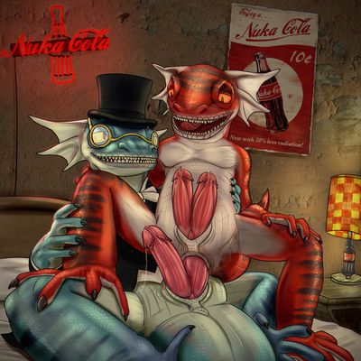 Mr Geck Encounter
art by johawk
Keywords: videogame;fallout;lizard;gecko;male;anthro;M/M;penis;hemipenis;reverse_cowgirl;anal;spooge;johawk