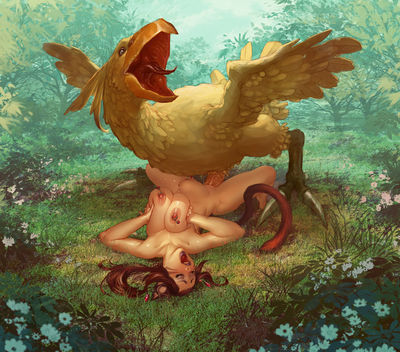 Chocobo and Miqote
art by joixxx
Keywords: beast;videogame;final_fantasy;avian;bird;chocobo;feral;male;human;woman;feline;hybrid;miqote;female;M/F;penis;missionary;joixxx