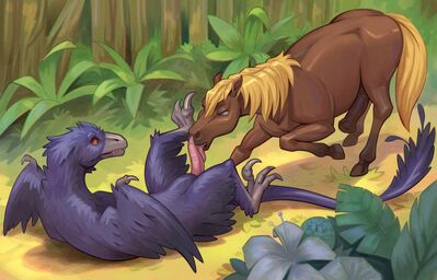 Microraptor and Stallion
art by jotun22
Keywords: dinosaur;theropod;raptor;microraptor;furry;equine;horse;male;feral;M/M;penis;oral;jotun22